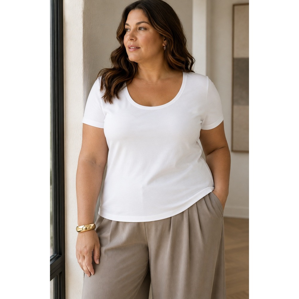 Lafayette 148 New York Scoop Neck Tee Cotton Stretch Minimalist White XXL